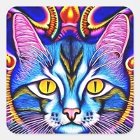 Colorful Blue Cat with Fierce Eyes Ai Art Square Sticker
