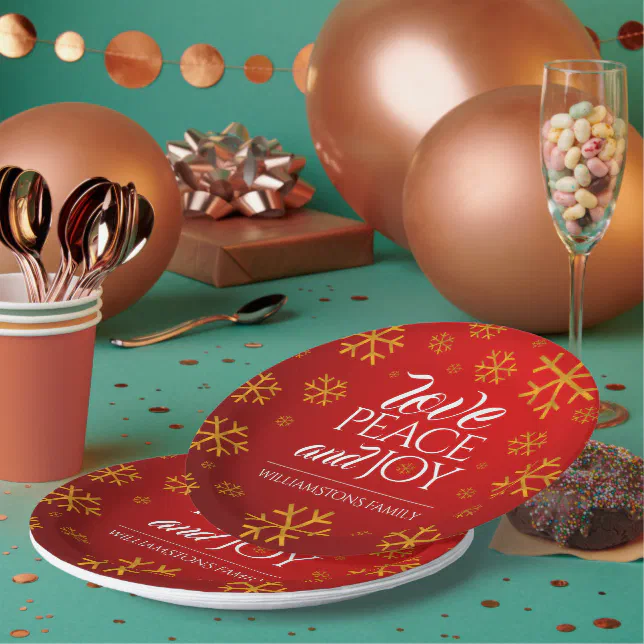 Festive Red Love, Peace, and Joy with Snowflakes Paper Plates