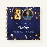 Guest book 80th birthday navy blue gold star photo