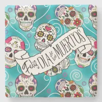 Sugar Skulls and Swirls Rose Turquoise ID725 Stone Coaster