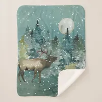 Majestic Elk in Forest Full Moon Snowfall Sherpa Blanket