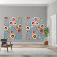 Pink Daisies Floral Pattern on Blue 50x63 Inch Blackout Curtains