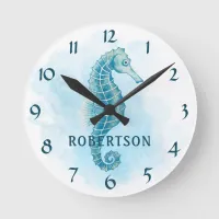 Watercolor Seahorse Ocean Beach Name Round Clock