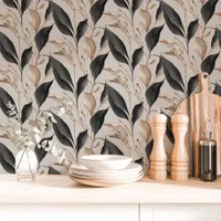 Black and Beige Botanical Leaf Wallpaper