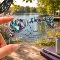 Vivid Teal and Purple Stylized Stained Glass Clear Business Cards