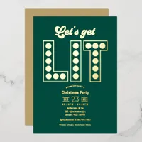 Emerald Elegance Get Lit Retro Christmas Party Foil Invitation