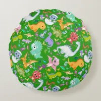 Cute Dinosaur Pattern on Green | Round Pillow