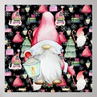 Christmas Santa Gnome & Black Pattern Background Poster