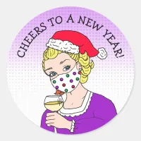 Cheers to a New Year, Retro Lady in Facemask Classic Round Sticker