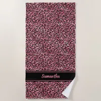 Chic Black Pink Leopard Print Personalized Beach Towel