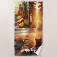 Sunset beach tropical ocean photo collage beach towel