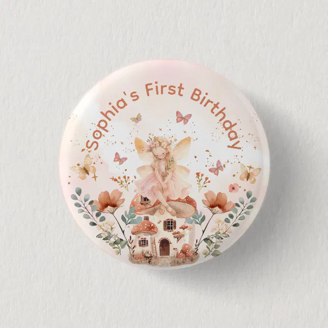 Enchanted Forest Mushroom Girl's First Birthday  Button