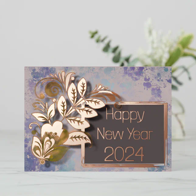 Leaves and flowers for a happy new year foil invitation