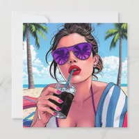 Pretty Lady at Beach Pop Art Blank Card