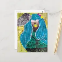 Lady With Blue Hair Mixed Media Collage Postcard