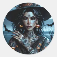 Pretty Gothic Witch with Tattoos Halloween   Classic Round Sticker