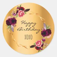 Birthday gold floral geometric burgundy classic round sticker