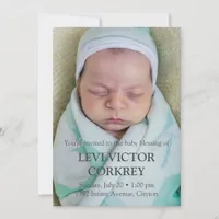 Minimalist Photo + Grey Text Baby Blessing Invitation