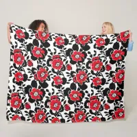 Pretty Floral Pattern in Red, Black and White Fleece Blanket