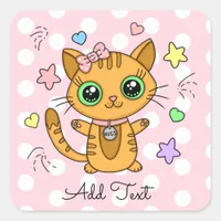 Cute Orange Kitty Cat pink Polka Dot personalized Square Sticker