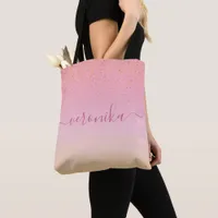 Blush pink rose gold monogram script tote bag