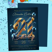 Sparkling Blue Gold Stripes Balloons 21st Birthday Invitation