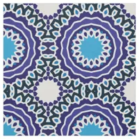 Blue and White Ethnic Bohemian Mosaic Pattern Fabric