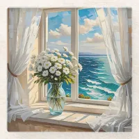 Pretty Ocean Scene Coastal Art Glass Coaster