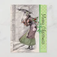 Merry Christmas Postcard with Vintage Lady in Snow