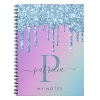 Glam Blue Glitter Drips Elegant Monogram Notebook