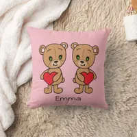 Cute, hand-drawn bear with two hearts throw pillow