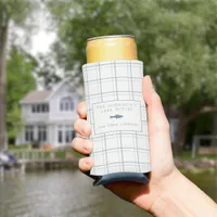 Classic Customizable Plaid Lake House Blue Fish Seltzer Can Cooler