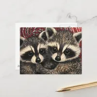 Cute Adorable Baby Raccoons Painting Red Polka Dot Postcard