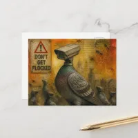 Spy Pigeons With Warning Signs Encaustic Collage Postcard