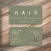 Elegant Gold Hair Scissors Hair Stylist Sage Green Business Card