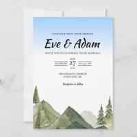 Green Alpine Mountain Watercolor Winter Wedding Invitation