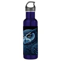 Blue and Black Serious Owl  Stainless Steel Water Bottle