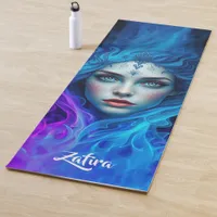 Mystery Woman Emerging from Blue & Purple Flames Yoga Mat