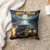 Classic hot rod cruising along a moonlit lake throw pillow