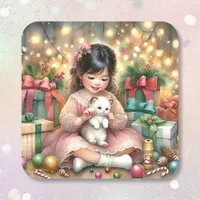 Little Vintage Girl in Pink with Kitten Christmas Square Sticker