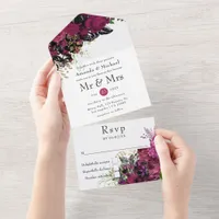 Vintage Burgundy Marsala and Gold Wedding All In One Invitation