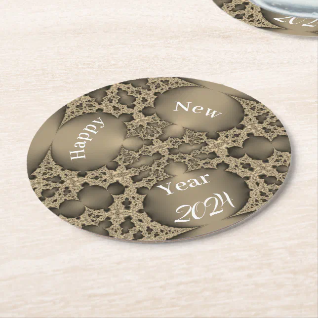 Happy New Year - golden fractal Round Paper Coaster