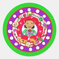 Whimsical Hand Drawn Christmas Elf Classic Round Sticker