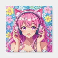 Cute Pink Anime Girl with Headphones Magnet