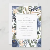 Navy Blue Floral Pattern Watercolor Wedding Invitation