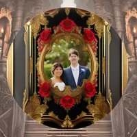 Golden frame with red roses, gothic style photo  button