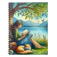 Girl Reading a Book under a Tree with a Sleepy Cat