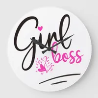 Trendy Girl Boss Typography Pink Black hearts Large Clock