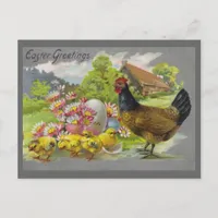 Easter Vintage Hen, Chicks & Pink Flowers Postcard