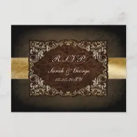 Rustic Regal Ornamental Brown And Gold Wedding Invitation Postcard